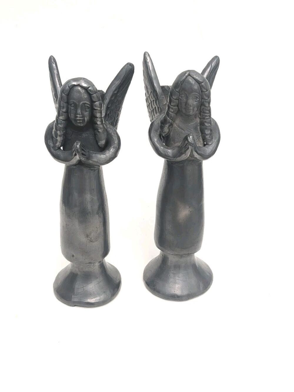 Vintage Mexican Barro Negro Black Clay Angel Candle Holders Pair Oaxaca Art 8"